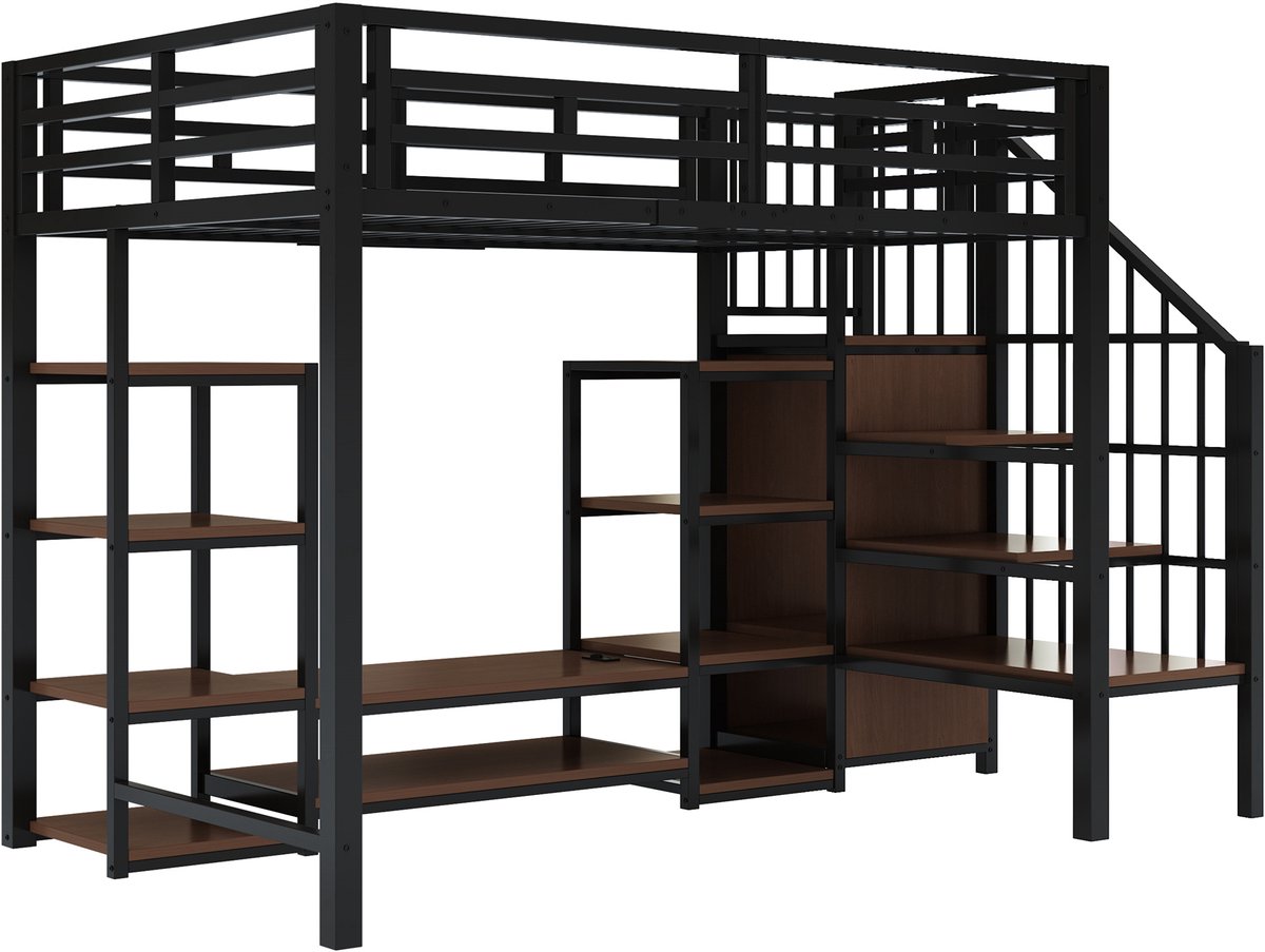 DESMIU Hoogslaper 90 x 200 cm Zonder Matras – Hoog Bed Met Televisiehouder En Stopcontact – Ruimtebesparend Met Veilige Ladder En Opbergruimte – Voor Studenten En Kleine Slaapkamers – Metaal En Hout – Zwart