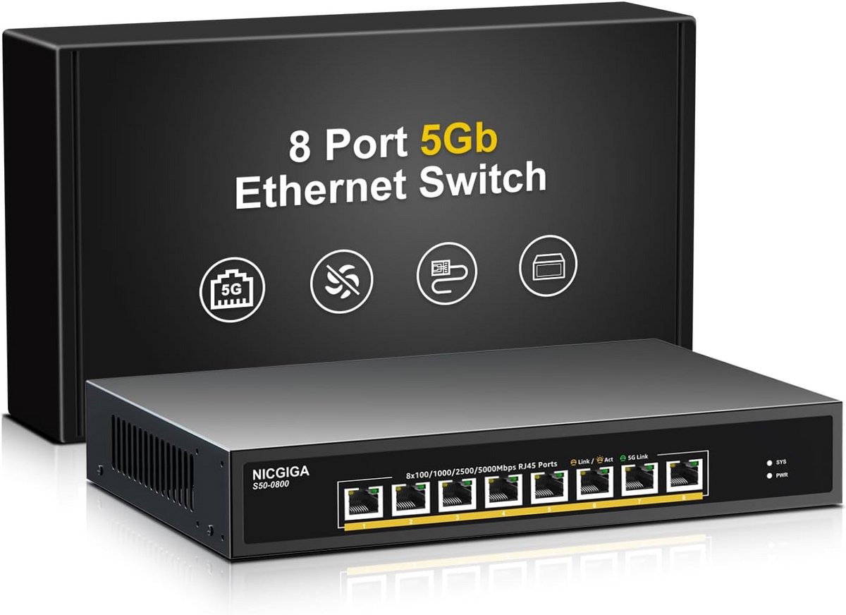 Ethernet Switch - Netwerk Hub - Netwerk Uitbreiden - 8 Poorten 5 Gbps - 80 Gbps Capaciteit - Zwart