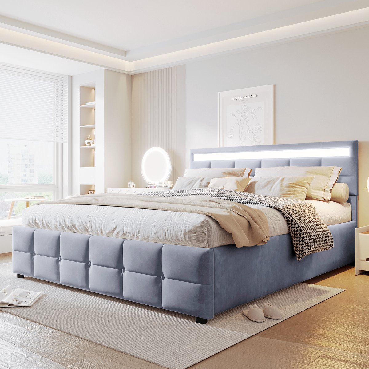 DESMIU Gestoffeerd Bed 180x200cm Met Ledverlichting En Hydraulische Opbergruimte Voor Studentenkamer En Kleine Woning Hollands Fluweel Grijs Zonder Matras