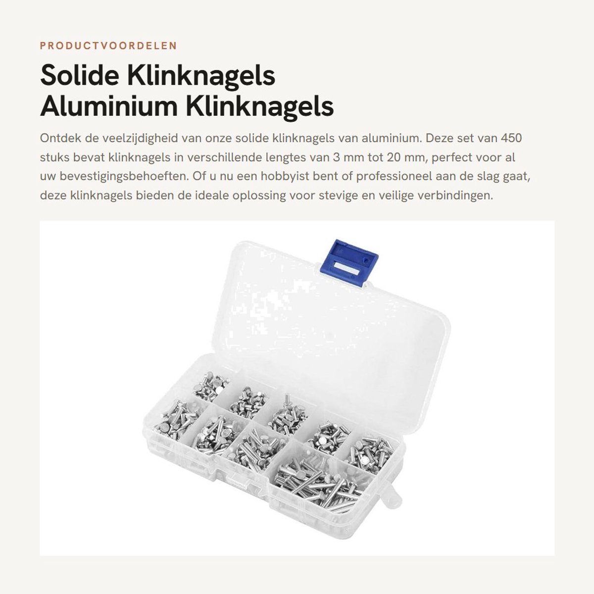 Dailygoods- Klinknagels Set - 450 Stuks - Platte Kop - Aluminium - Corrosieweerstand - Lengte 3 mm/20 mm - Stevige Structuur - Bevestigingsmaterialen