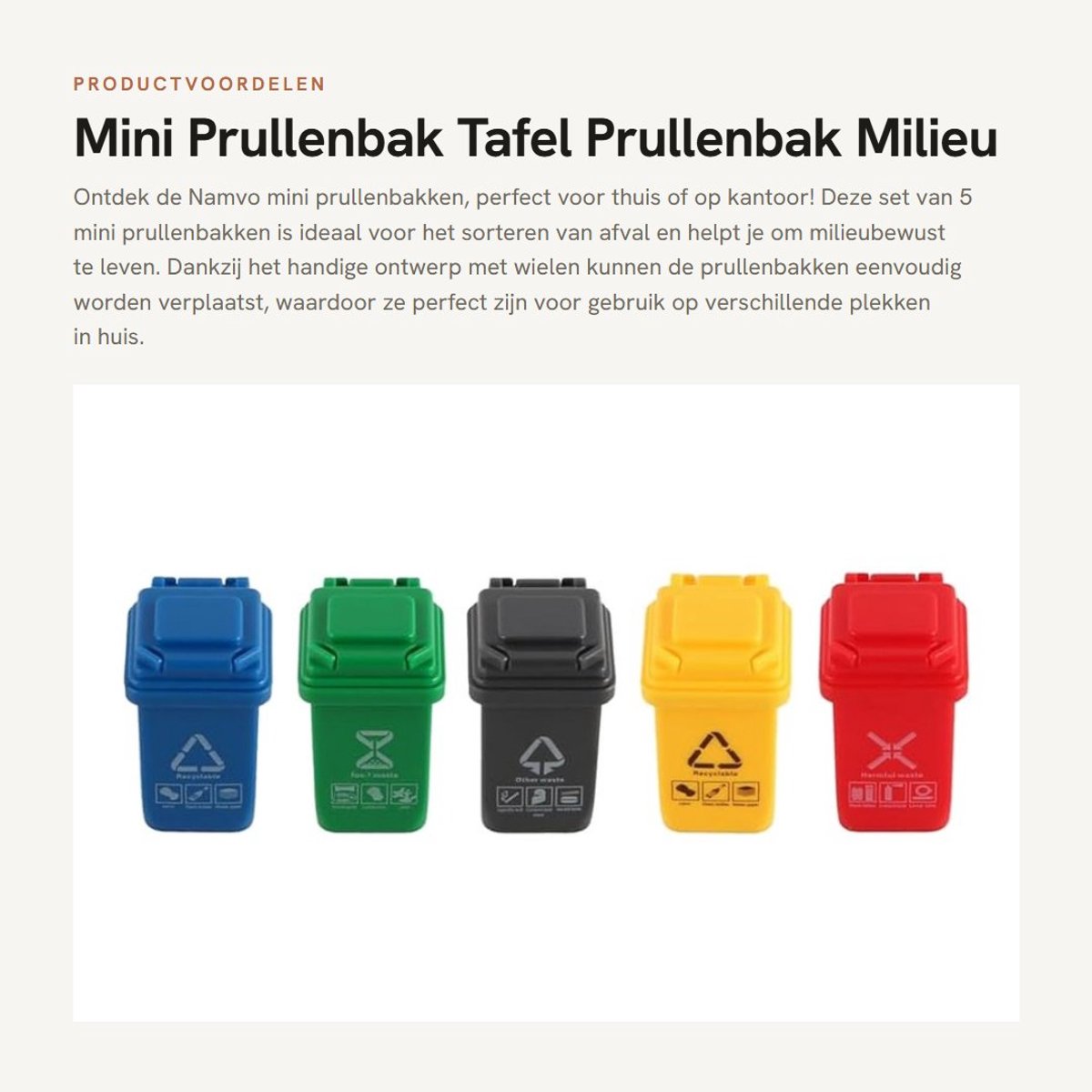 Dailygoods- Prullenbak Mini 5 Stuks - Prullenbak op Wielen - Afvalscheiding - Mini-Recyclingbak - Decoratie - 4 x 2,5 cm - Vuilnisbak