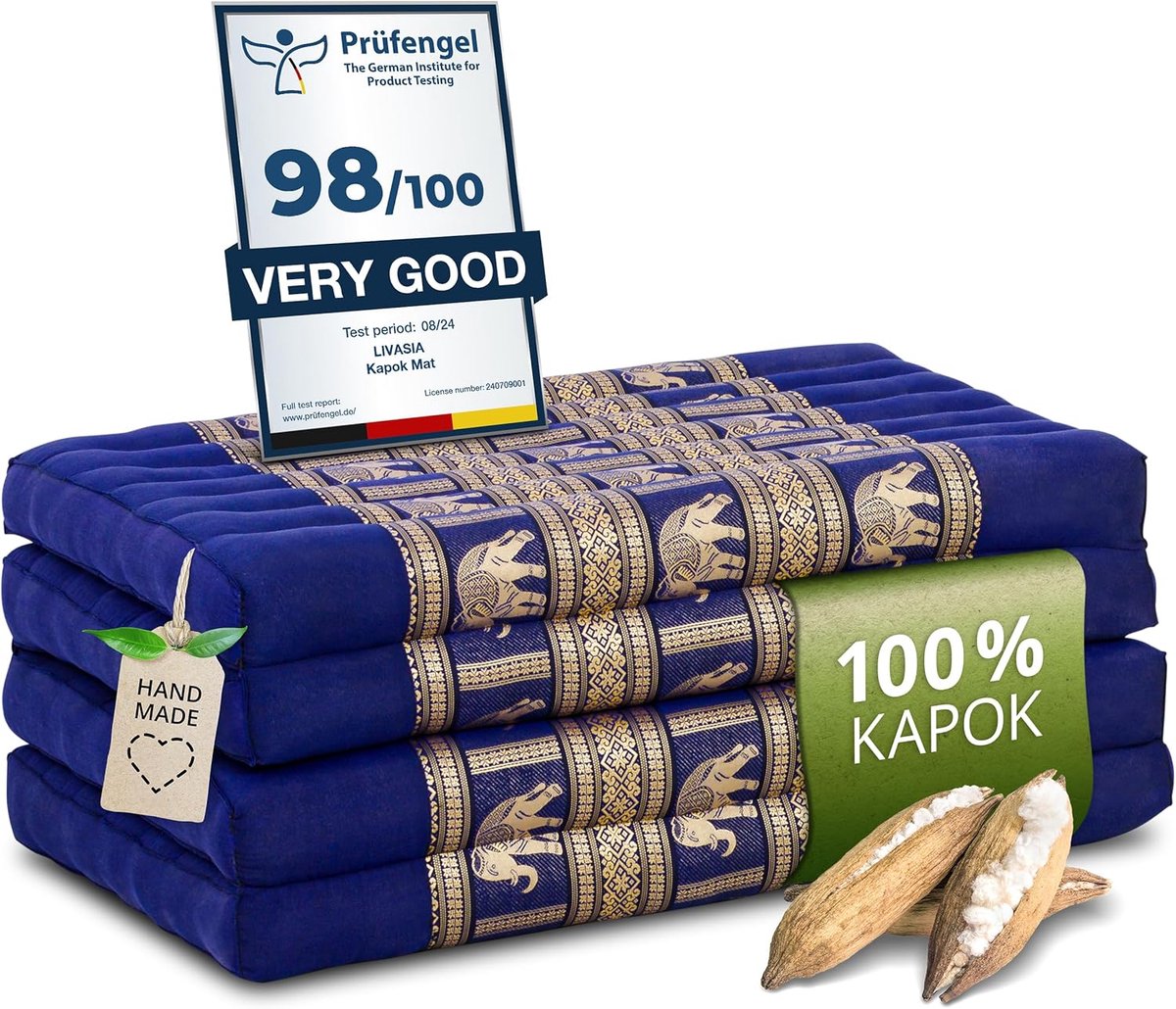 Klapmatras - Gastenmatras Plooimat - Kamperen en Reizen - Natuurlijke Kapokvulling - 200x80cm - Blauw Olifant