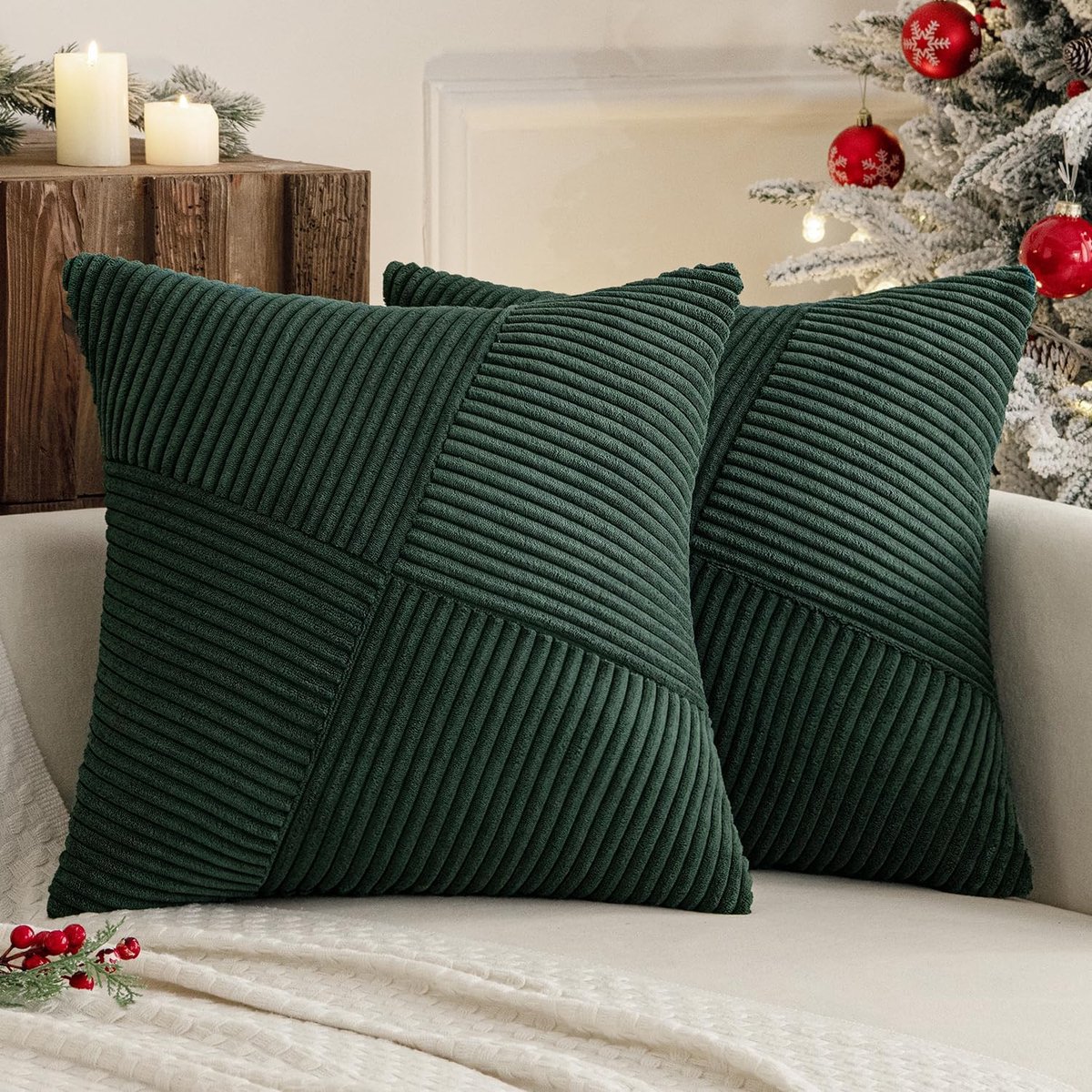 Miulee Ribfluwelen Kussenhoes - Set van 2 - Voor Sierkussens - Donkergroen 50x50 cm Zie foto