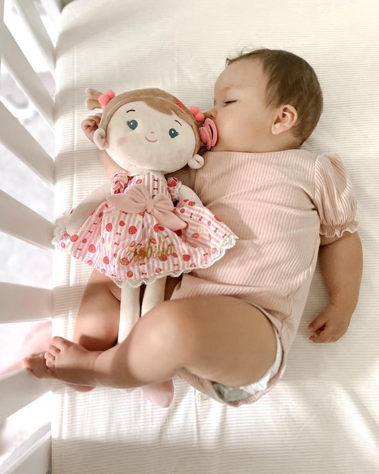 Babypop Stof - Zachte pop - Knuffelen en spelen - Gelede ledematen - 40 cm - Aardbeienroze — afbeelding 2