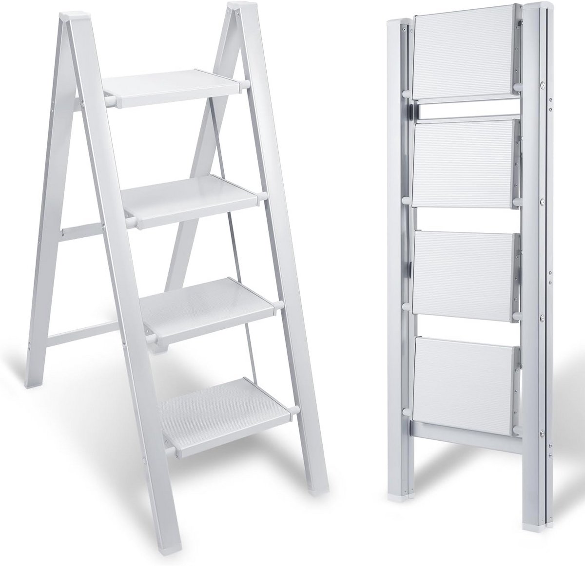 Aluminium trapladder - Opstapkruk - Huishoudelijk werk - Antislip treden - 4 treden - Wit