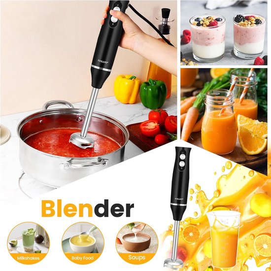 Staafmixer Set - 4-in-1 Staafmixer - Hakmolen - 2-versnellingsbak - Gemakkelijk Schoon te Maken - BPA-vrij - RVS - 500W - Zwart van COOAU — afbeelding 5