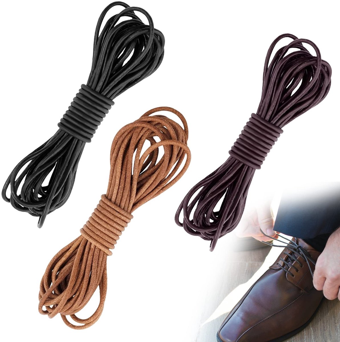 Dailygoods- Leren Banden 3 Stuks - 5 m x 2 mm - Hoogwaardig Rundleer - Zacht/Duurzaam - Voor Sieraden/Knutselwerk - Herbruikbaar - Leren Koorden