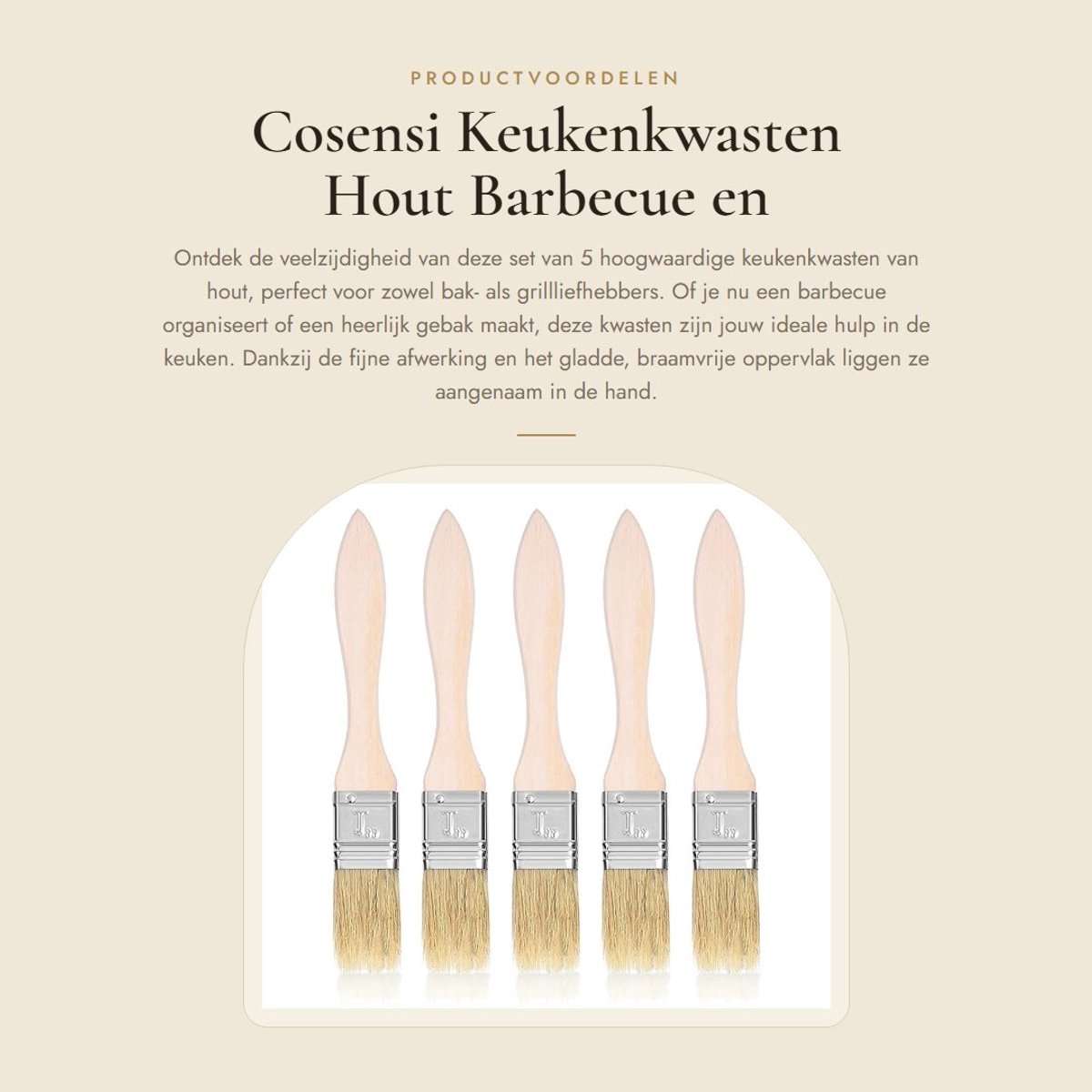 Dailygoods- Keukenkwasten 5-delige set - Houten Borstelkwast - Bestand tegen Hoge Temperatuur - Voor Bakken/Grillen - Aangenaam in de Hand - Bakkwasten