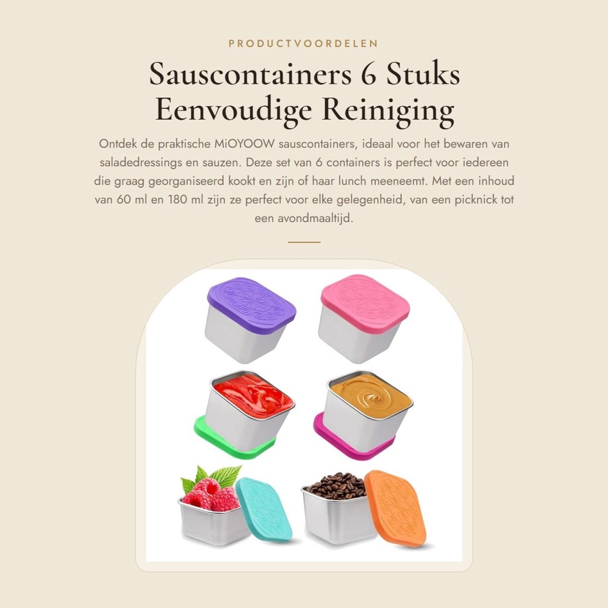 Dailygoods- Sauscontainers 6 stuks - Siliconen Deksels - Keukenopslag - Saladedressing Containers - Eenvoudige Reiniging - Capaciteit 60/180 ml - Kruiderijpotten