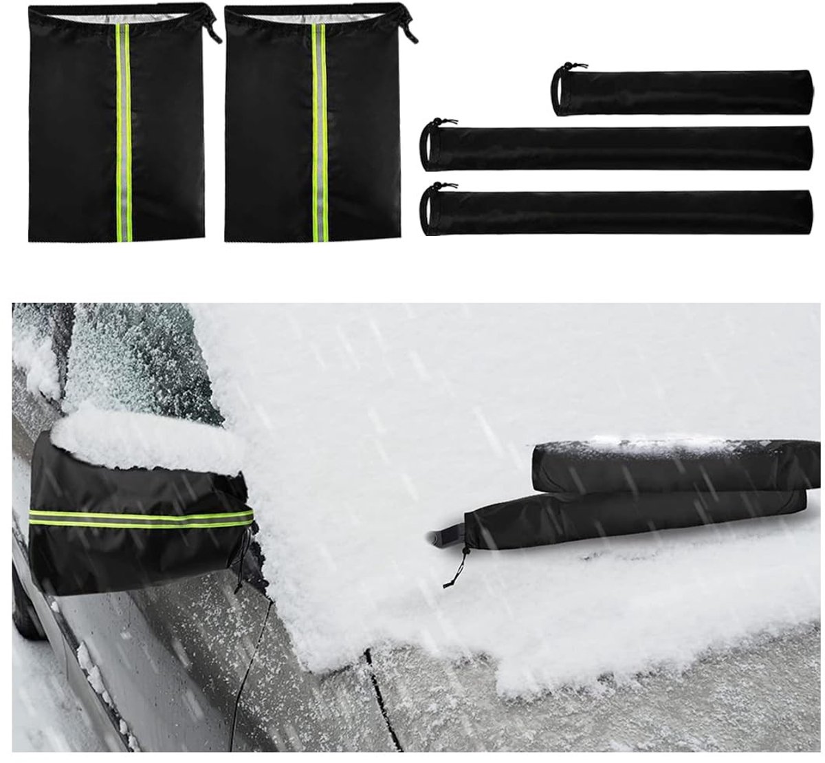 Dailygoods- Autospiegelafdekking 5 Stuks - Waterdichte Beschermkap - Zilverkleurige Stof - Universele Toepassing - Achteruitkijkspiegelafdekking 30 x 40 cm - Ruitenwisserafdekking 10 x 67 cm - Spiegelhoes