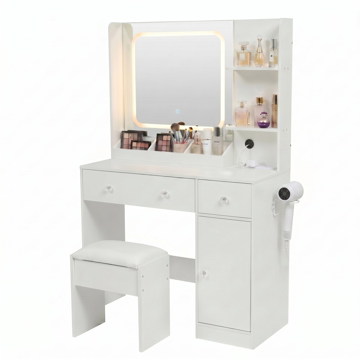 Monza Home® Make up tafel – Kaptafel met LED Spiegel – 3 Lichtstanden – Dimbaar – Inclusief Kruk – USB & Stopcontact – Wit – 87,5 x 40 x 141 cm