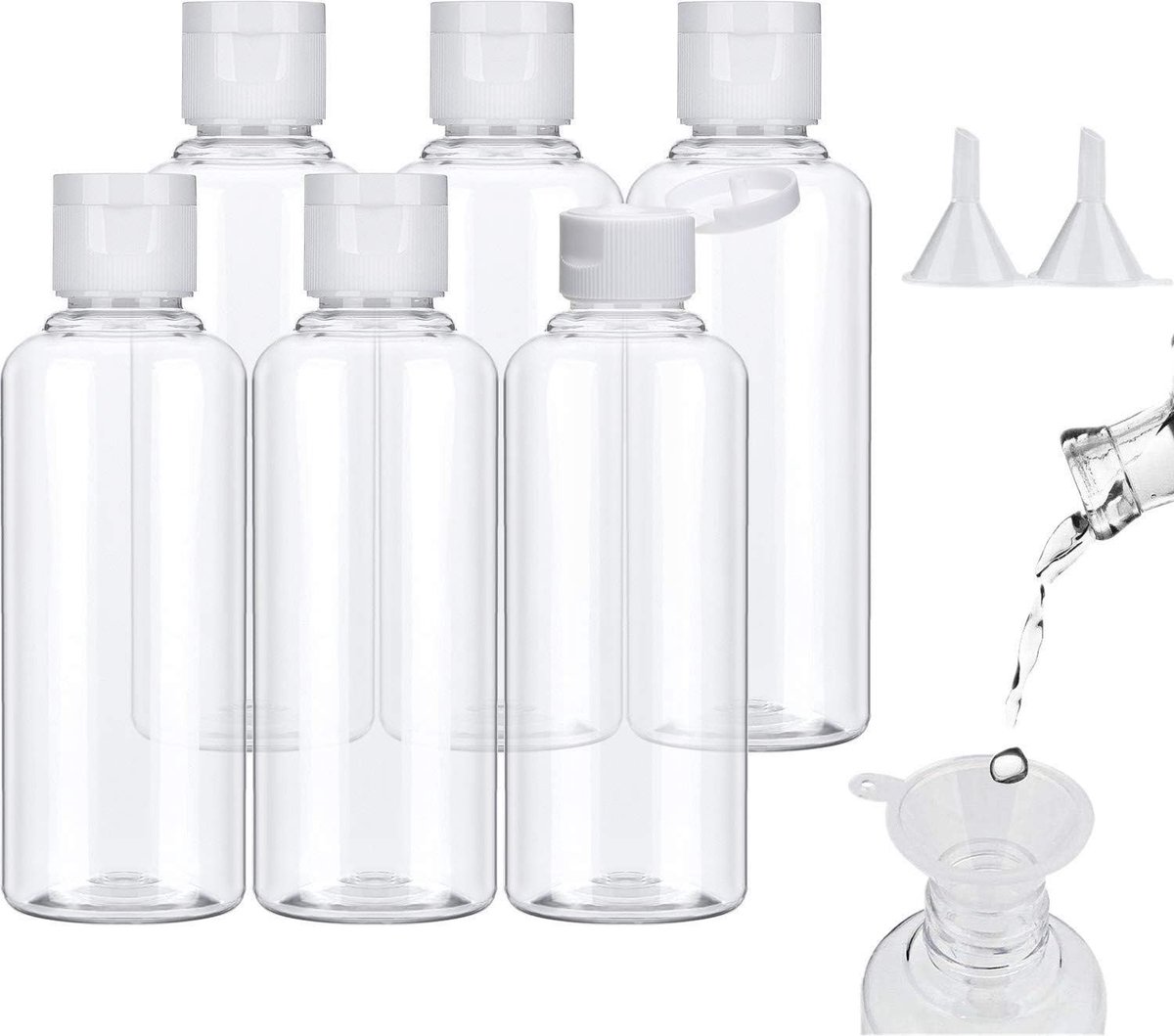 Dailygoods- Reisflessen Set van 6 - 100ml Plastic Flessen - Antilek - Inclusief 2 Kleine Trechters - Duurzaam - Transparant - Herbruikbaar - Toilettas