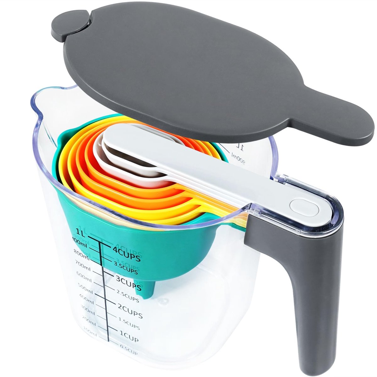 Dailygoods- Maatbeker Set 10 Stuks - Stapelbare Maatbekers - Maatbeker met Deksel - Vaatwasmachinebestendig - Voedselveilig - Multifunctioneel - Maatkan