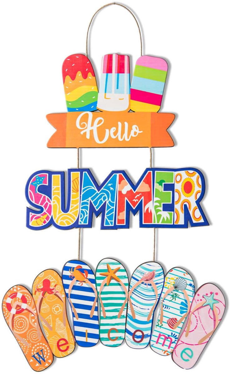 Dailygoods- Deurbordje Welkomstbord - Houten Decoratie - Zomerhuis - Pantoffels/IJsdecoratie - Draagbaar - Wanddecoratie voor Binnen/Buiten