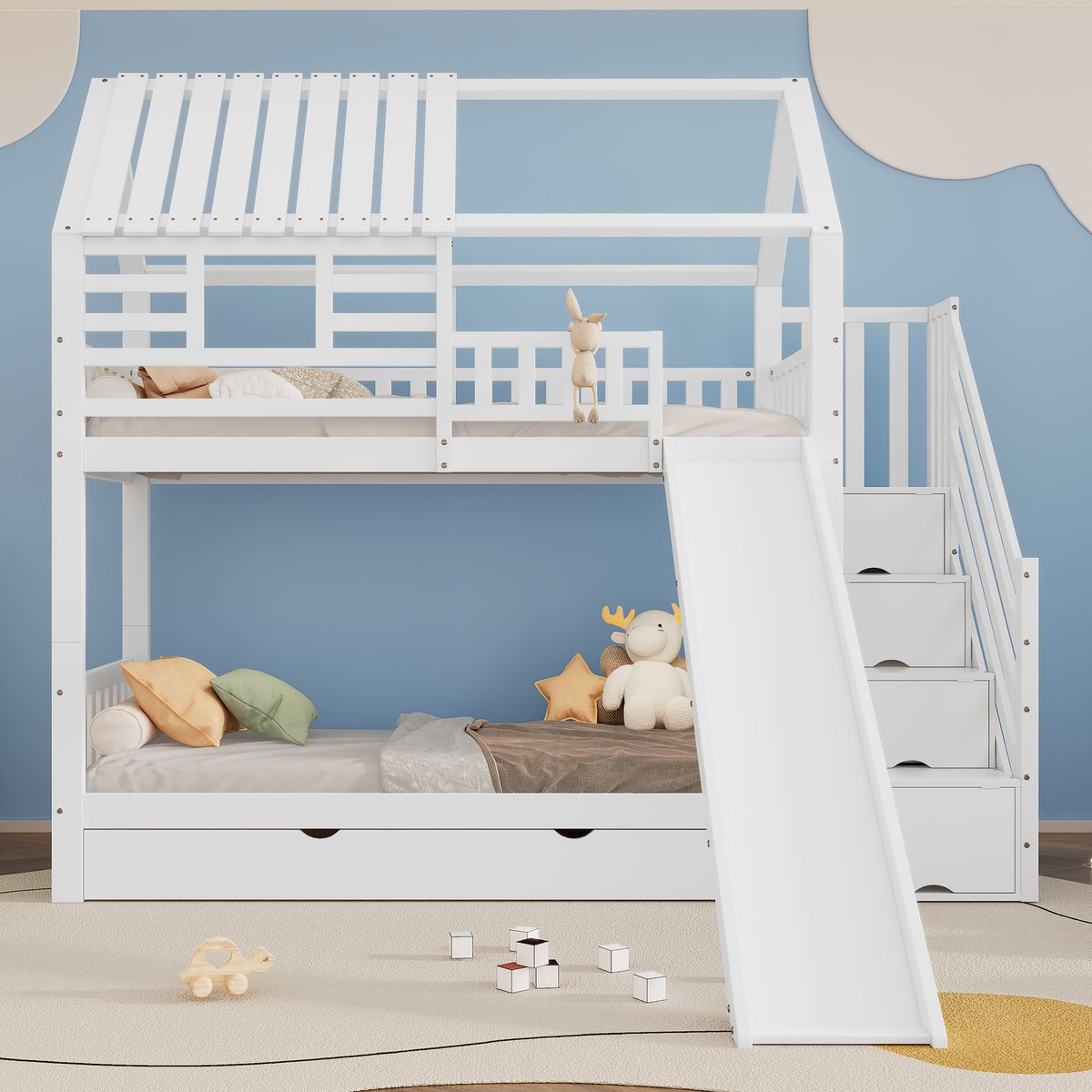 DESMIU Stapelbed 90x200 cm – Huisbed Met Trap En Glijbaan – Opbergruimte In Trap En Lade – Voor Kinderkamer – Hout En MDF – Wit – Zonder matras