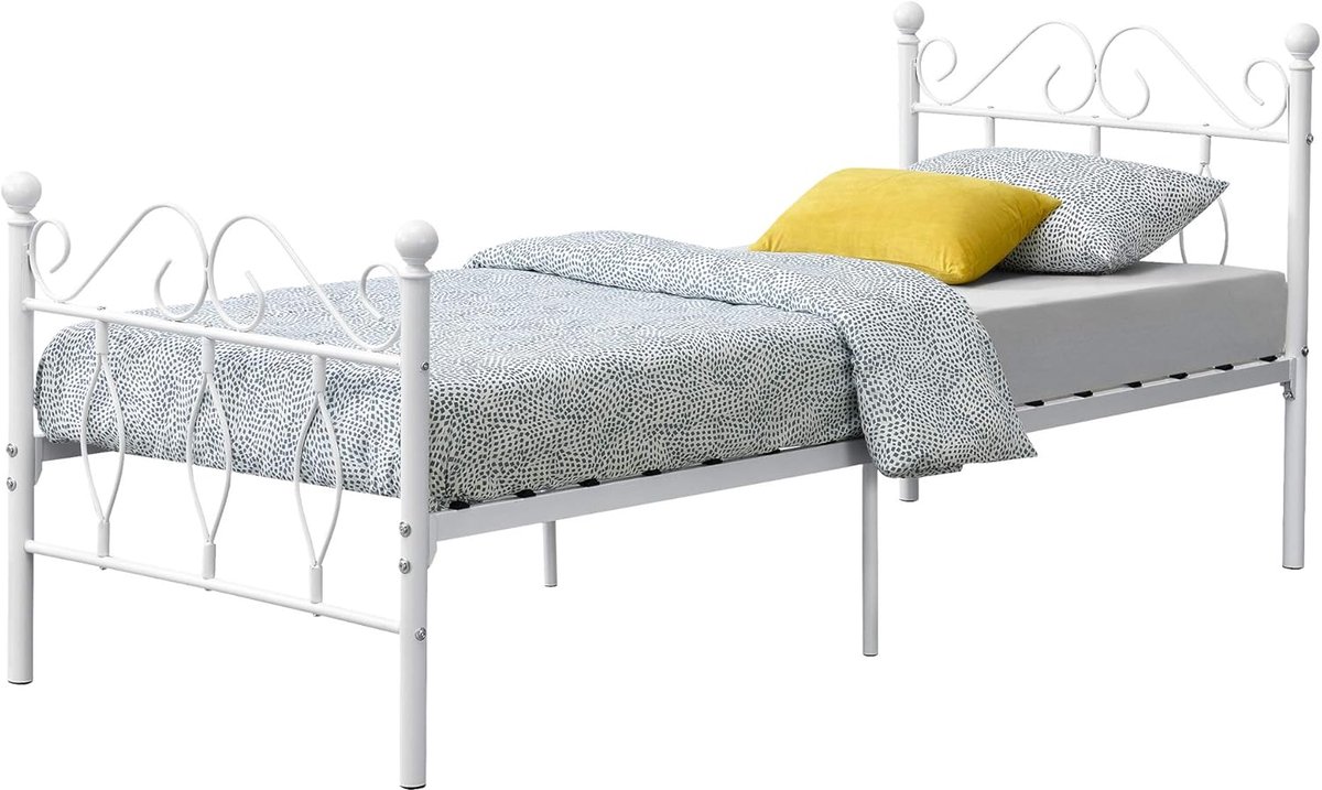 Metalen bedframe - Eenpersoons bed - Comfortabel slapen - Stevig stalen frame - 90x200 cm - Wit