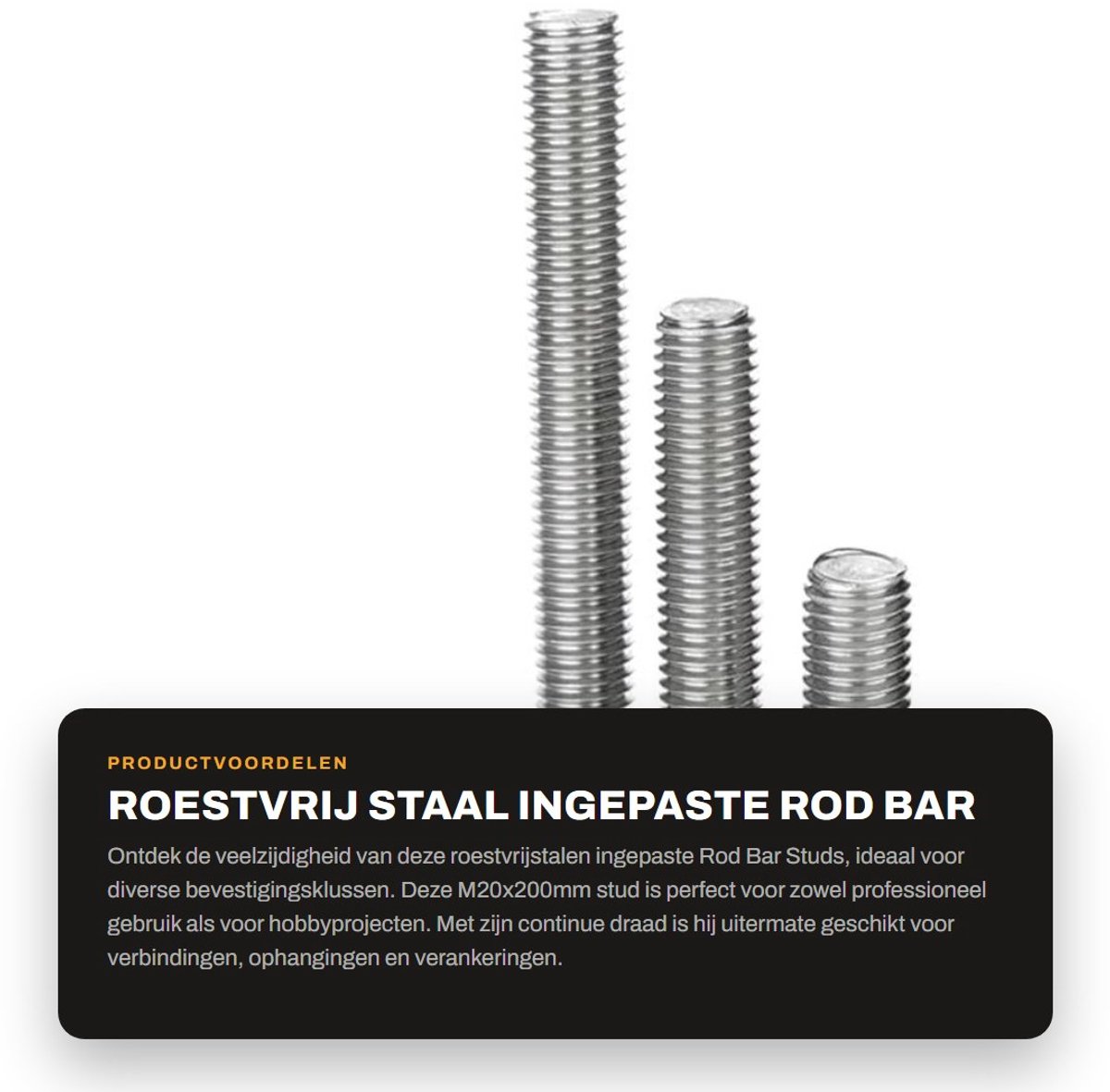 Dailygoods- Rod Bar Studs M20x200mm - Roestvrij Staal - Draadstang - Ingepaste Staaf - Duurzaam - Hoge Kwaliteit