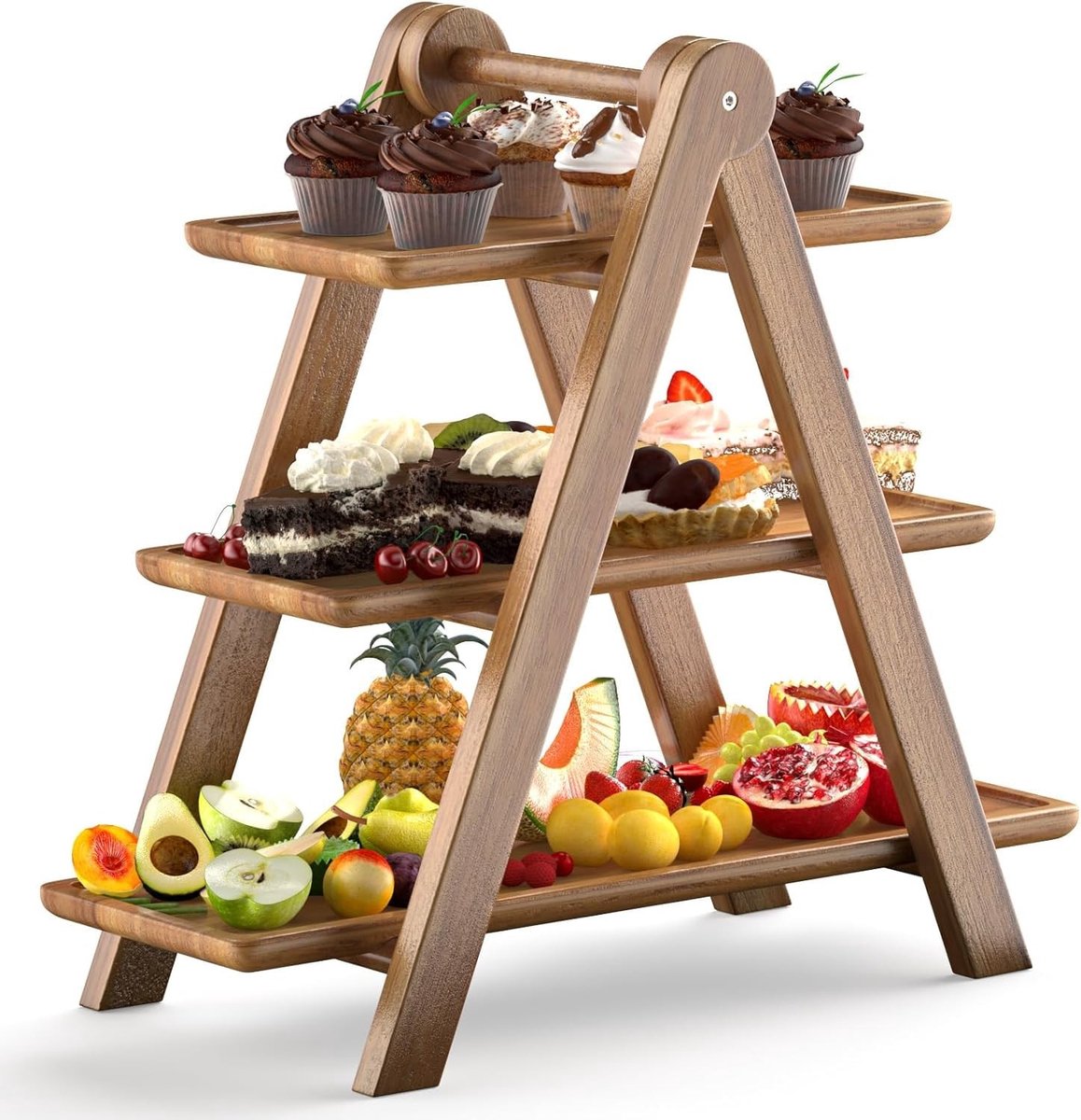 Dailygoods- Etagère 3-laags hout - Cupcake-standaard - Dienblad rechthoek - Dessertdienblad - Charcuterieplank - 43,5 x 42 x 17,78 cm