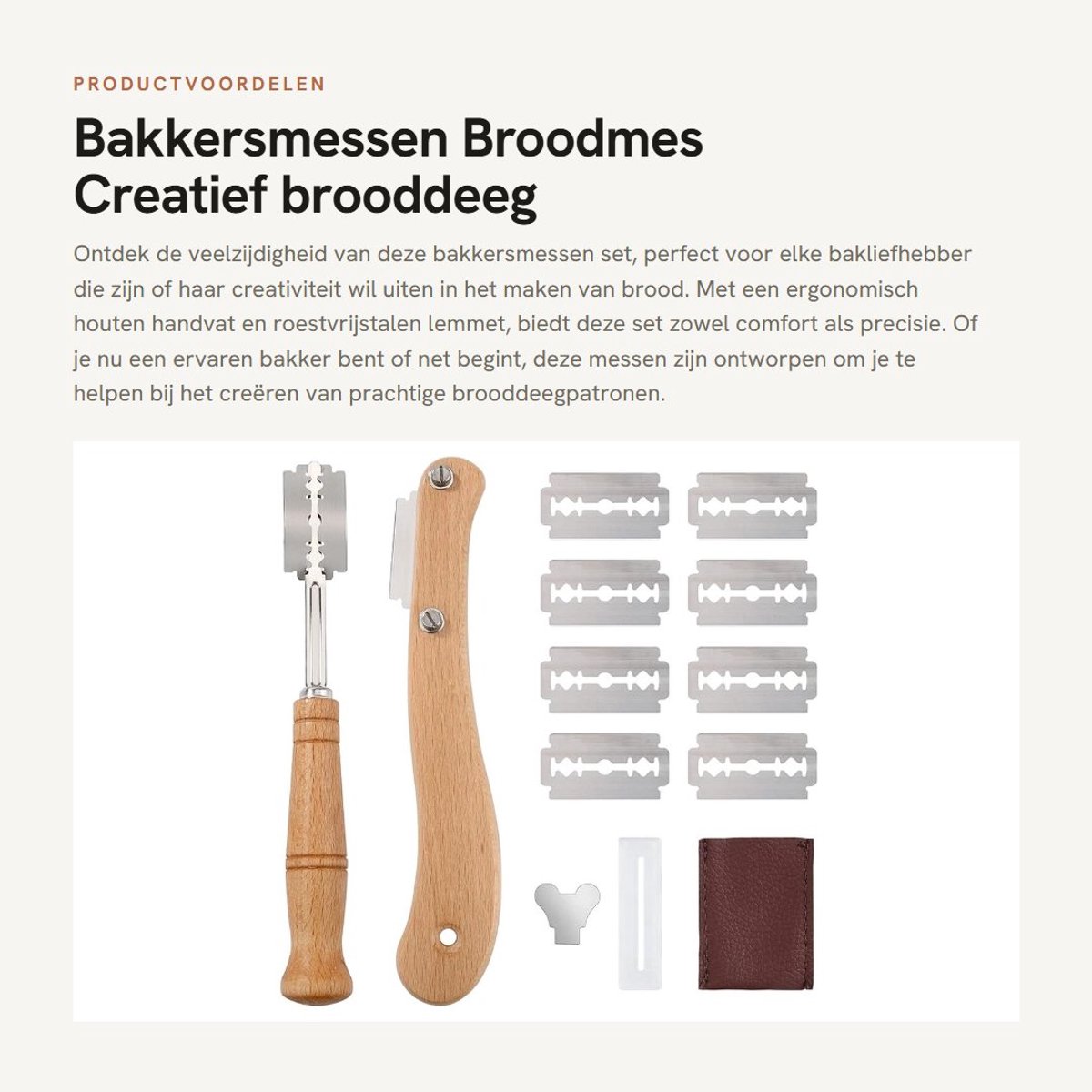 Dailygoods- Bakkersmessen Set - Broodmes/Deegmes - Roestvrij Staal - Houten Handvat - 10 Verwisselbare Messen - Veilig Gereedschap - Broodsnijder