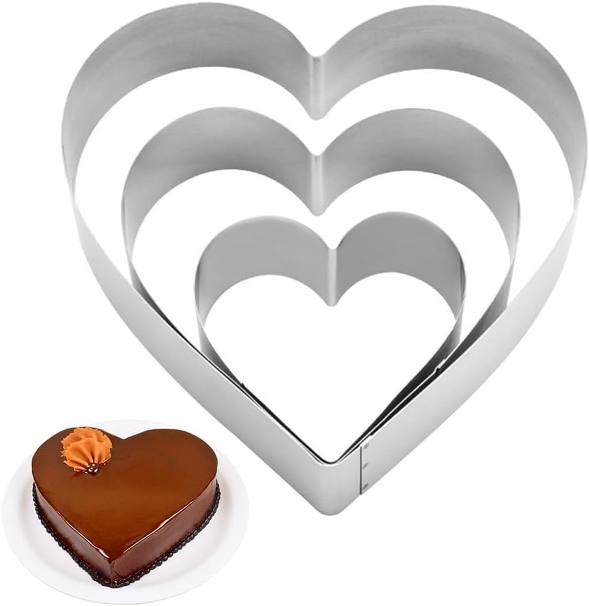 Dailygoods- Hartbakvorm 3-delige set - Roestvrij Staal - 10/15/20 cm - Taartvorm - Bakvorm voor Koekjes - Duurzaam en Corrosiebestendig