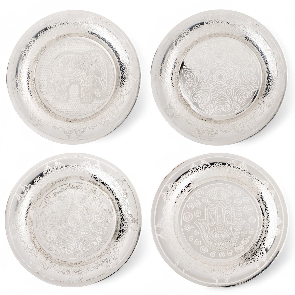 Dailygoods- Sieradenborden Set van 4 - Roestvrij Staal - Zilverkleurig - Oosterse/Indiase Motieven - Decoratie - Mini-borden - Onderzetters