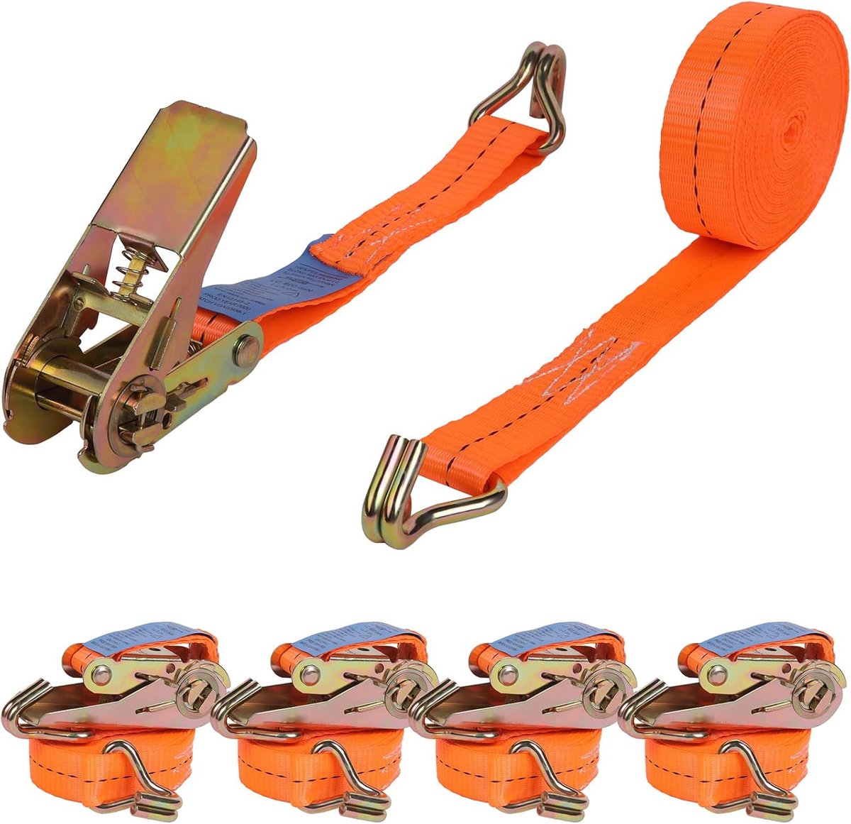 4 Stuks Spanbanden - Met ratel en haken - Voor ladingzekering - Oranje, 25 mm breed, 5 meter lang, 800 daN