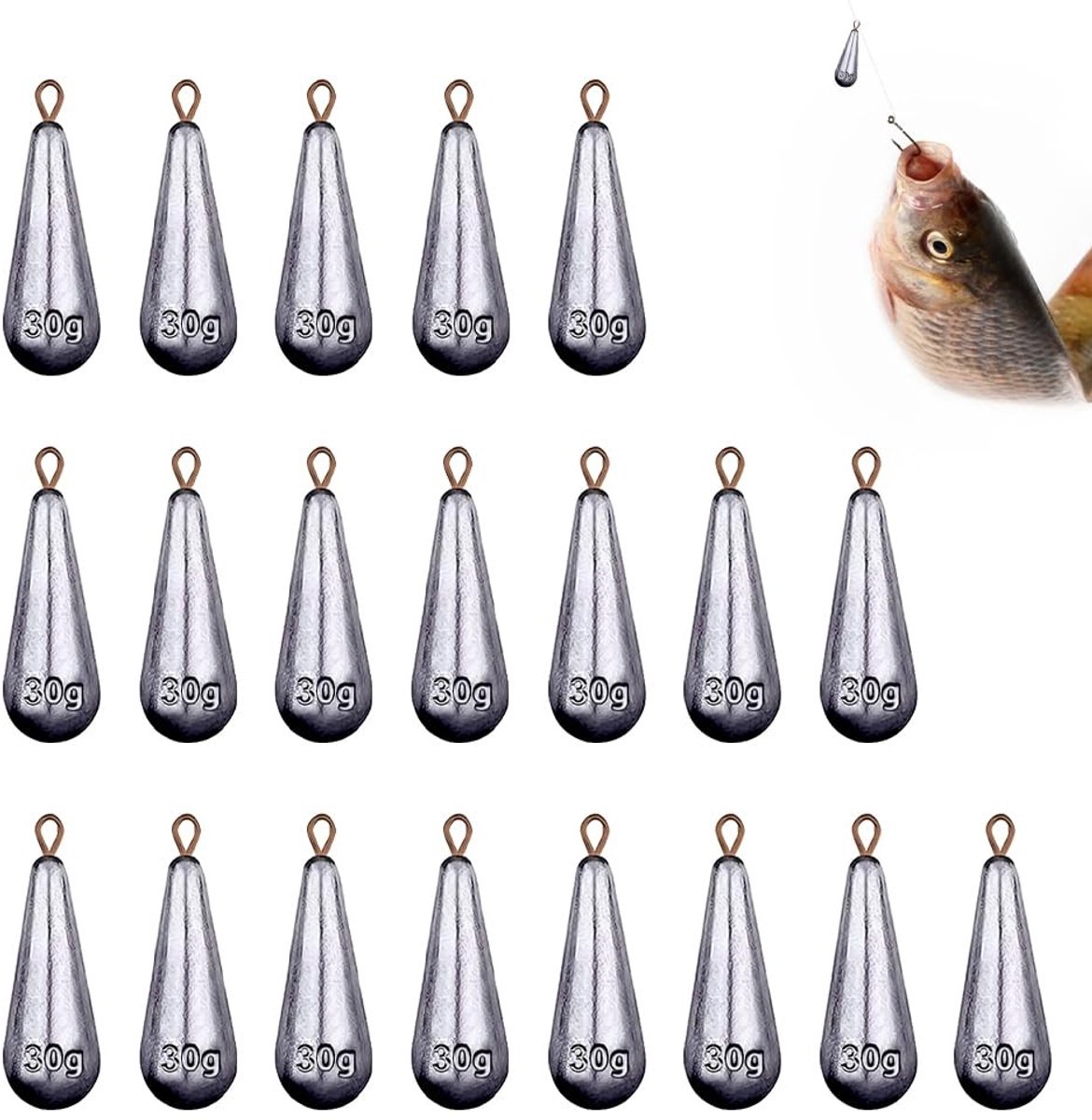 Dailygoods- Perenlood Hengelset 20 Stuks - Visgewichten/Droppeshot Gewichten - Grondlood - Gietzinker - Zilver - 29 g per stuk