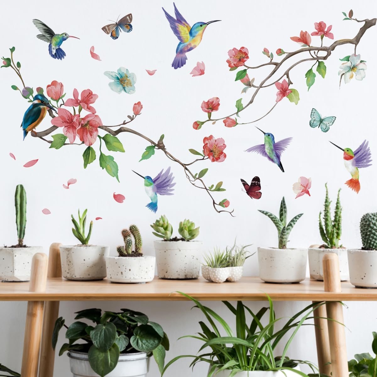 Dailygoods- Muursticker Kolibrie - Roze Bloemen - Wanddecoratie Woonkamer - Muurstickers Slaapkamer - Muurstickers Kinderkamer - Verwijderbaar en Zelfklevend