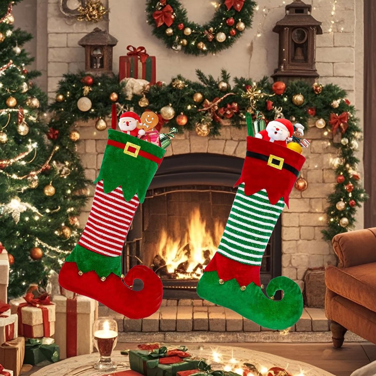 Dailygoods- Kerstsokken 2 Stuks - Elfenkerstkousen - Kerstdecoratie - Op te Hangen - Stevig Ophangoog - Hoogwaardige Materialen