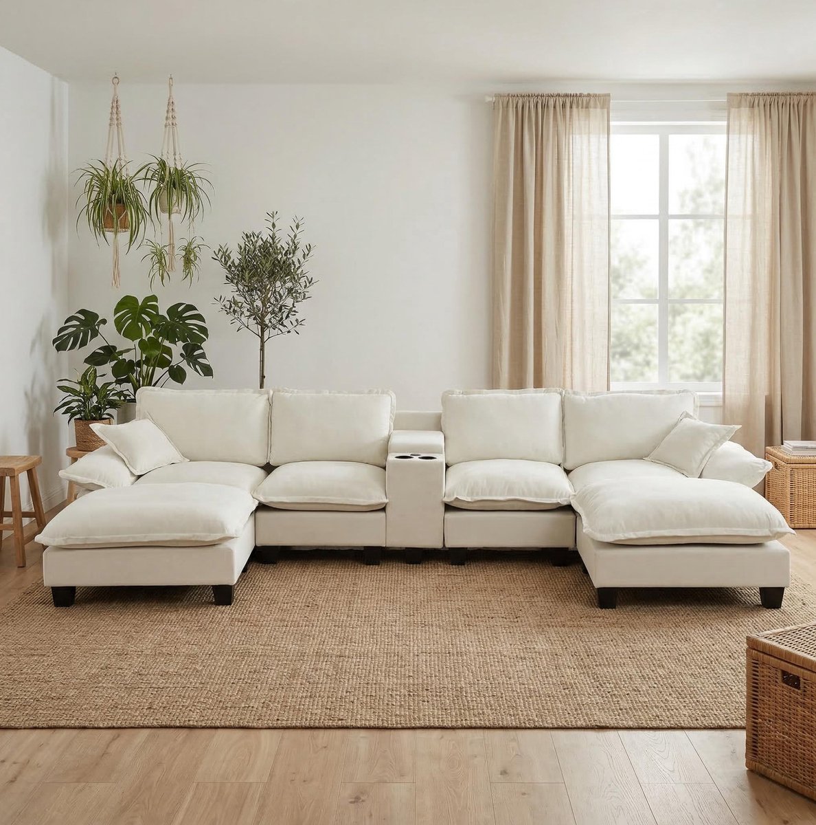 HAUSS SPOLE U-Bank - Modulair Cloud Sofa - Met Usb, Opbergruimte En Bekerhouders - Voor Woonkamer En Appartement - Chenille Beige
