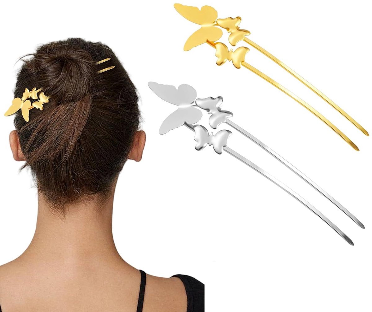 Dailygoods- Haarspelden 2 stuks - Metalen Vlinder Haarspelden - U-vormige Haaraccessoires - Retro Haarstyling - Goud/Zilver - Duurzaam Materiaal