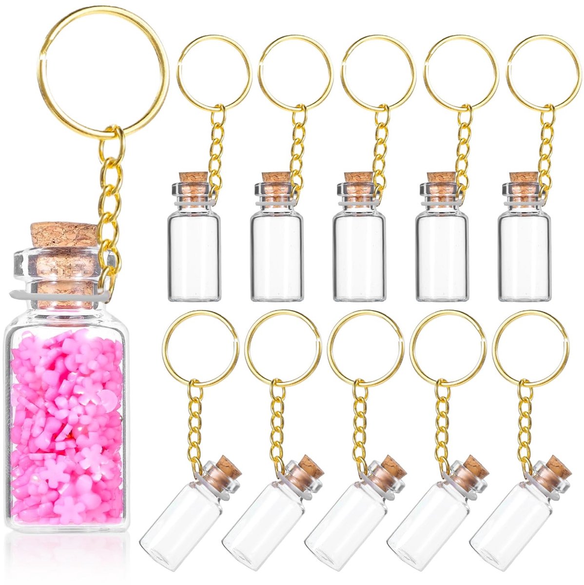 Dailygoods- Mini-Fles 10 Stuks - Glazen Flessen - Sleutelhanger met Kurkdeksel - Kleine Potjes - Decoratieve Accessoires - Ideaal voor Knutselprojecten - Miniatuurflesjes