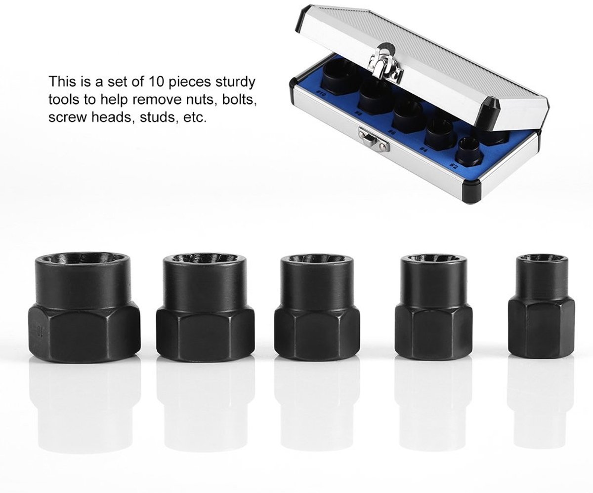 Dailygoods- Schroefverwijderaar 10-Delige Set - Doppen Sleutel - Beschadigde Schroef/Nut Verwijderaar - Spiral Tanden - 9-19mm Compatibiliteit - Schokbestendig Ontwerp - Moerenverwijderaar