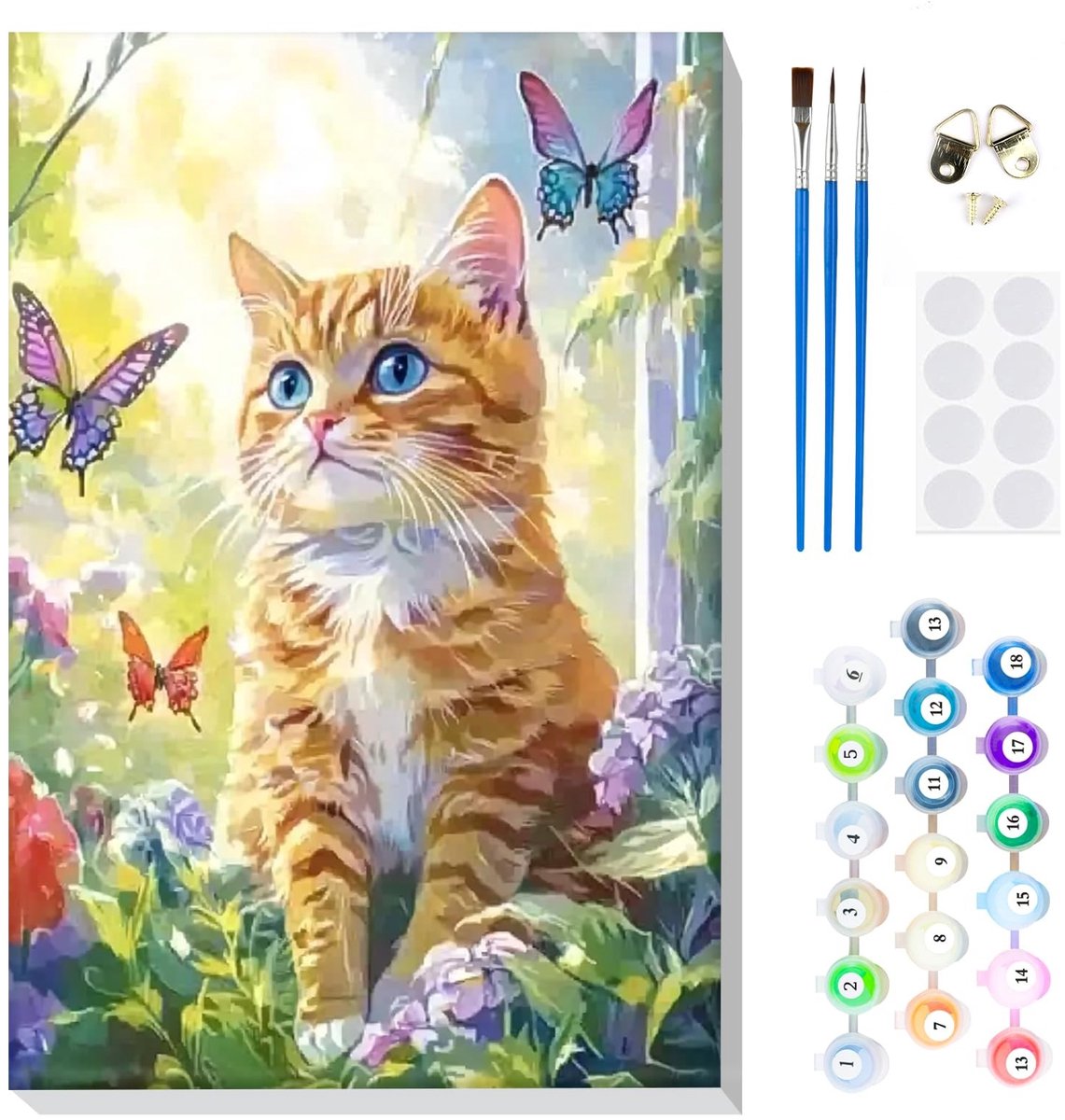 Dailygoods- Verf op Nummer voor Volwassenen - Doe-Het-Zelf Schilderkit - Kattenkunst - Vlinderkunst - Beginners - Inclusief Canvas en Penselen
