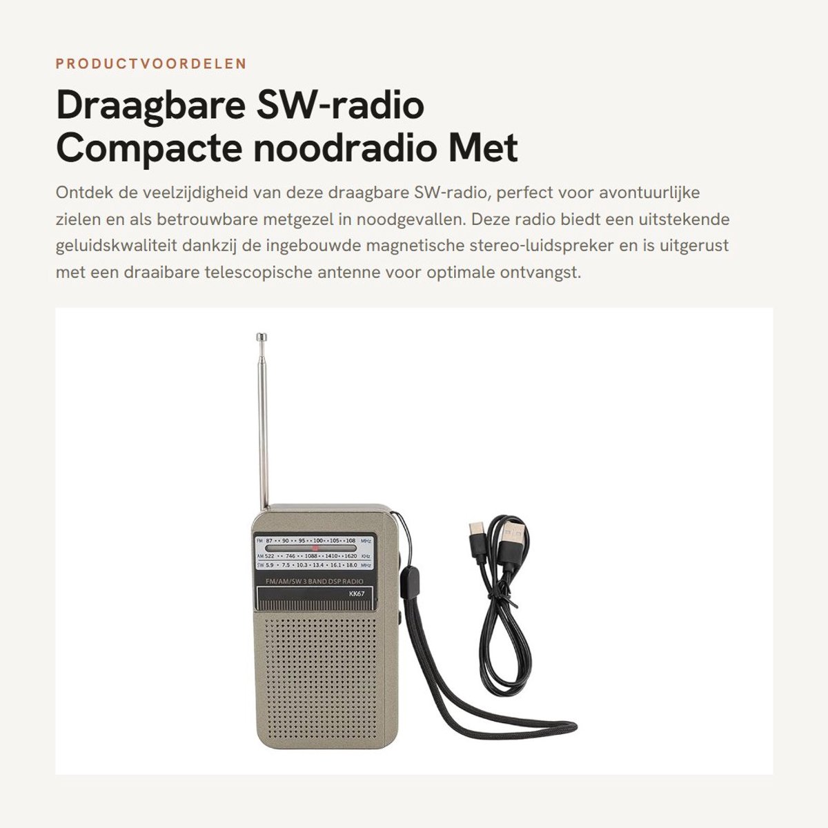 Dailygoods- SW-radio met draaibare telescopische antenne - noodradio - draagbare radio - FM/AM/SW ontvangst - 1000 mAh batterij - ABS-kunststof
