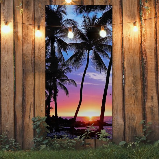 Affiche clôture Une silhouette de palmiers lors d'un coucher de soleil sur Hawaï - 100x200 cm - Toile jardin
