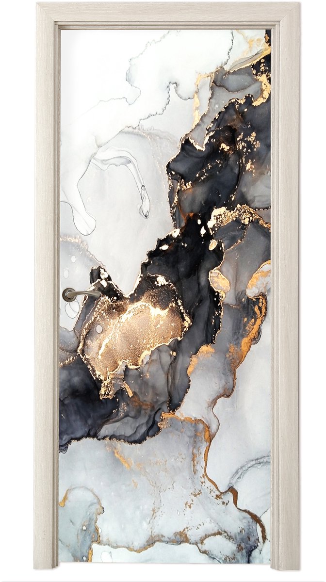 Deurposter 90x215 cm - Deursticker Marmer - Zwart - Wit - Goud - Luxe - Abstract - Meubelf