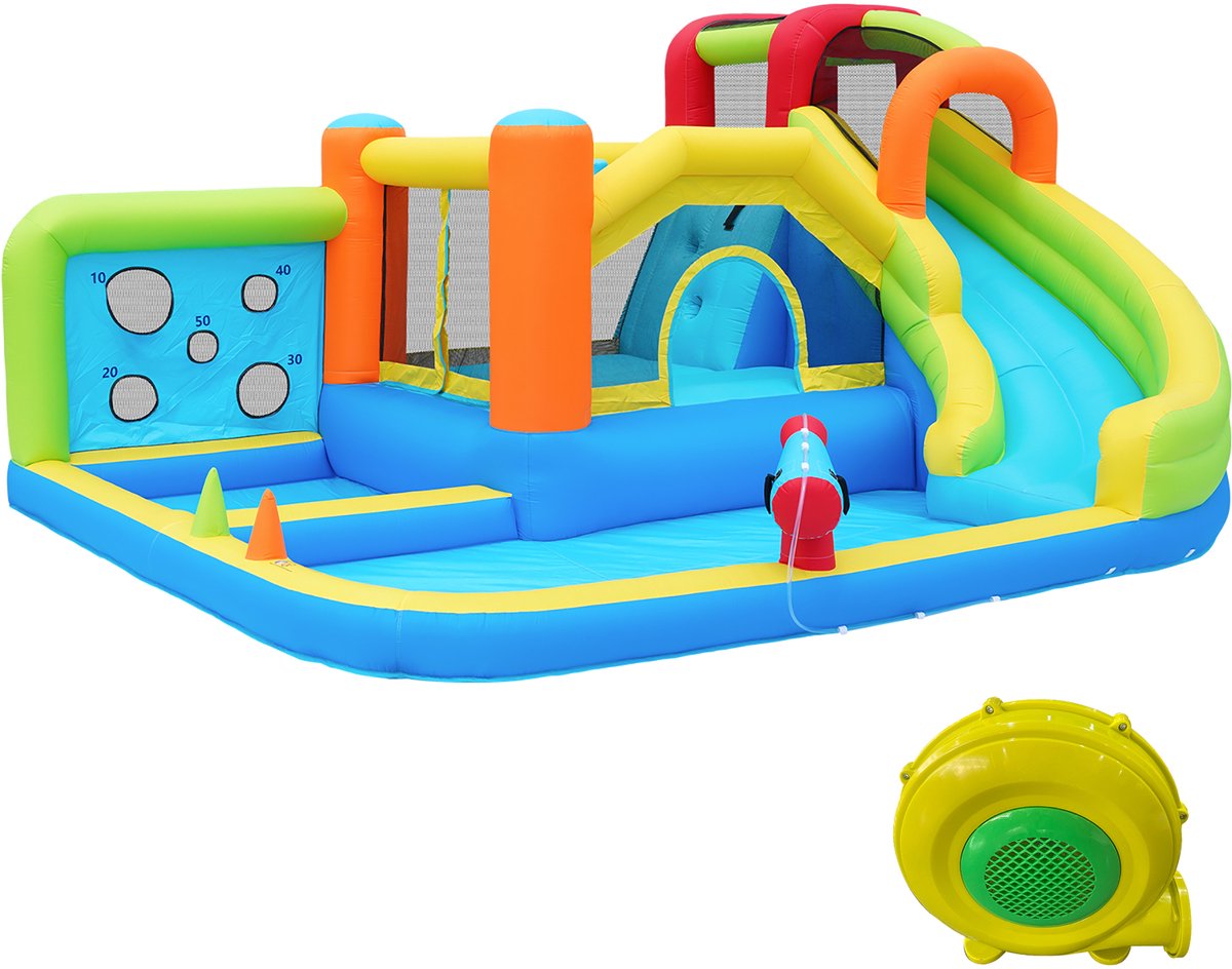 HOMCOM All-Season - Opblaasbare Water- & Trampolinepark - Waterglijbaan & Kletterwand - Incl. 450W Blower - Voor Nat & Droog 410x315x203 cm