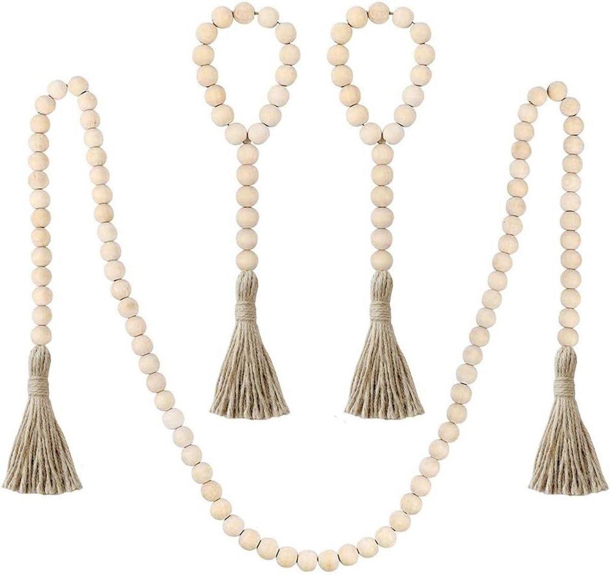SPHProducts - Houten Kralen Garlend Set - Rustieke Decoratie - 3 Stuks - Jute Borstel - Wanddecoratie - Landelijk - Perfect voor Thuis
