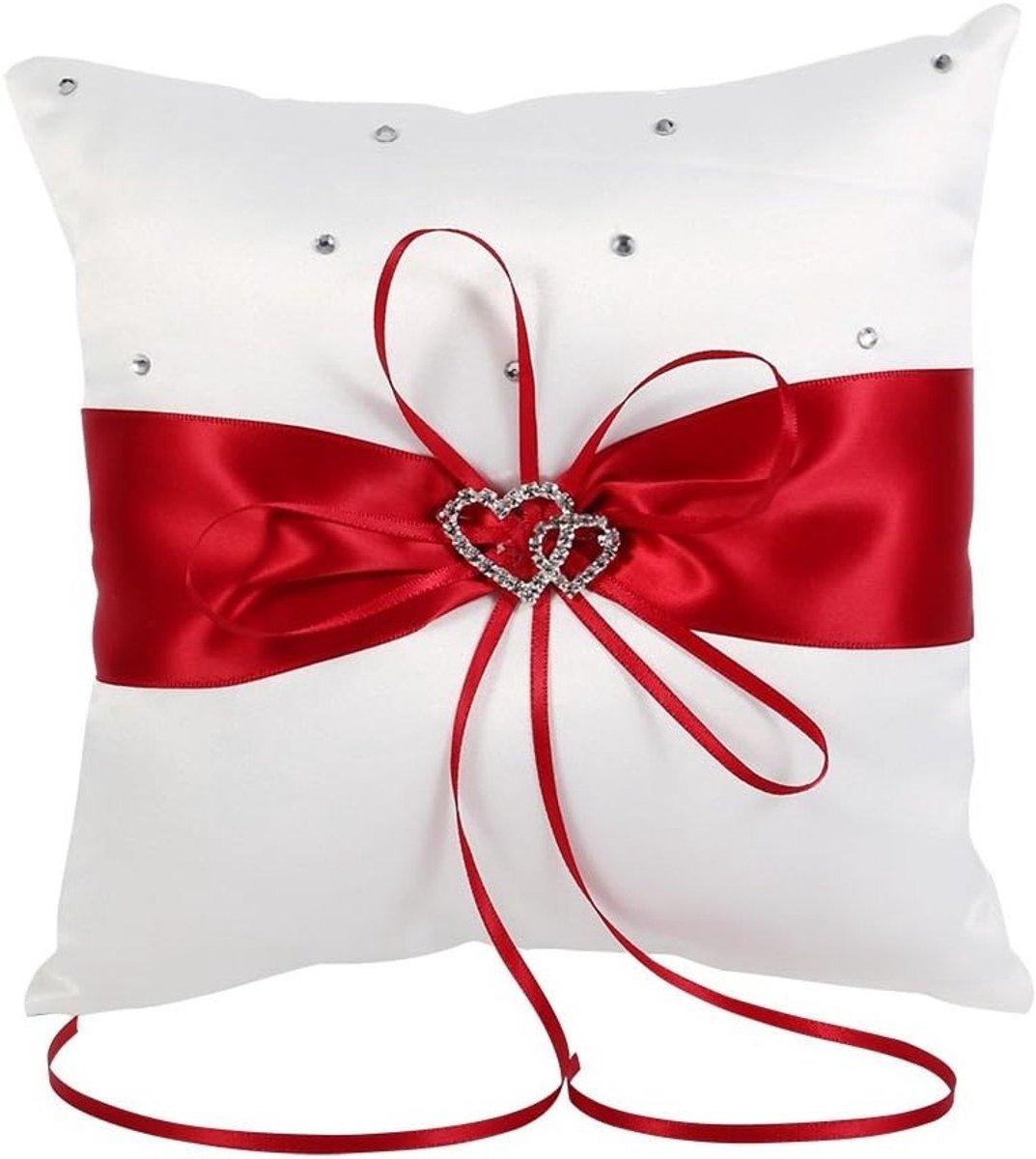 Bruidsringkussen met dubbele hartendecoratie, ivoor-wit/rood/blauw/paarse kleur, 20cm x 20cm - Perfect voor huwelijksceremonies en trouwaccessoires