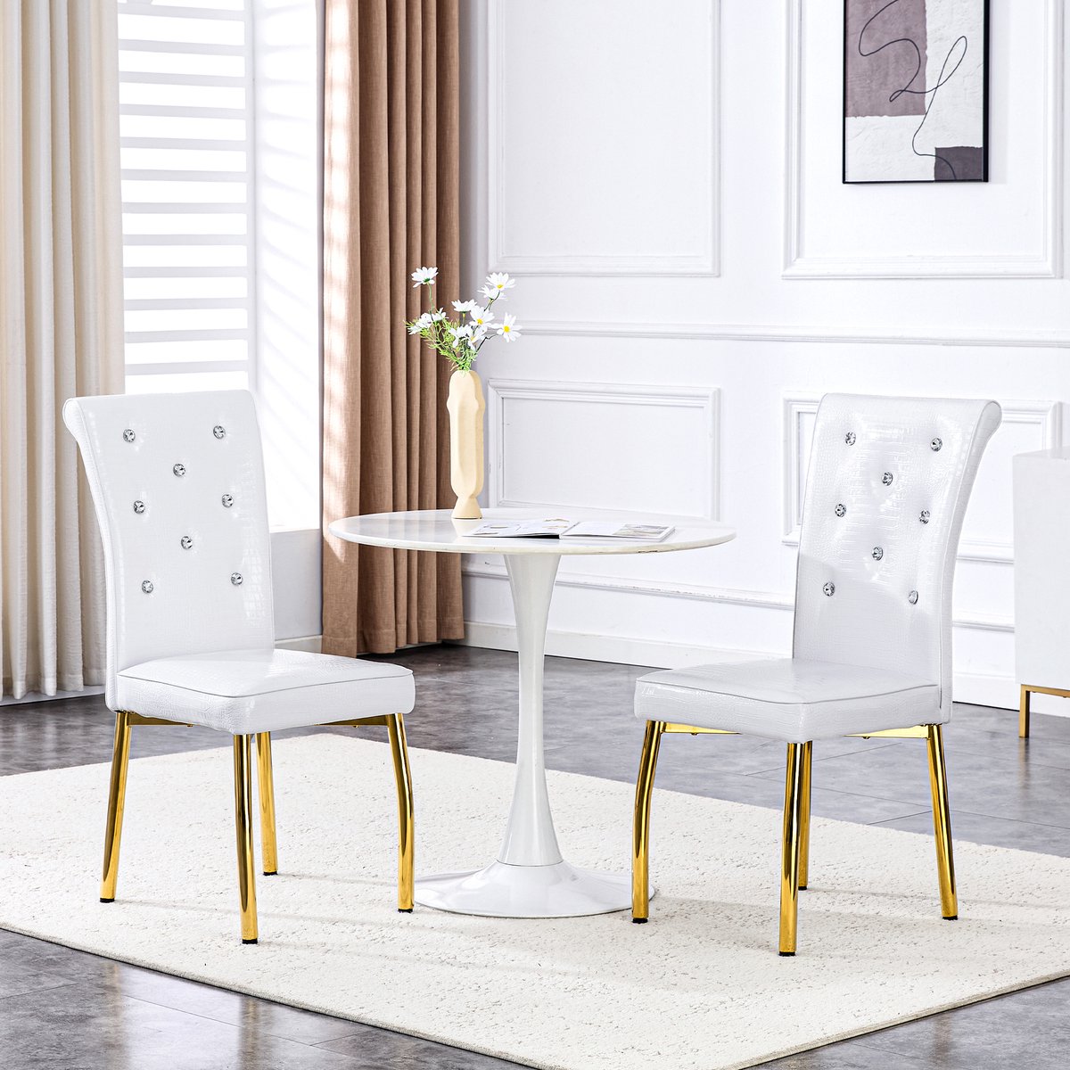 MIVRAY Eetkamerstoel Set Van 2 - Retro Design Met Kristalknopdetails - Voor Eetkamer En Bar - Metaal En PVC - Wit Goud
