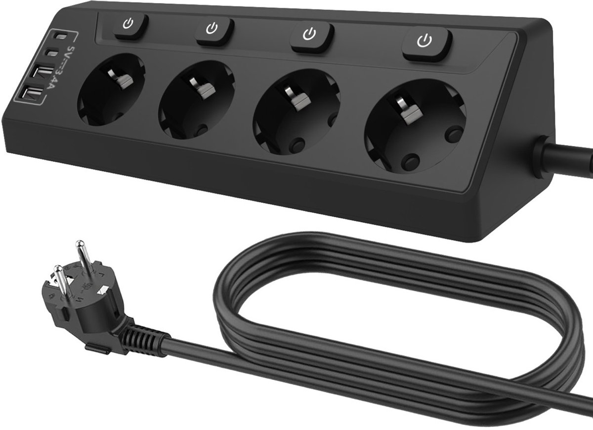USB-stekkerdoos, met afzonderlijke schakelaars, slimme huishoudstekker, stekkerblok, 4 gaten hoge vermogen, stekkerdoos, zwart