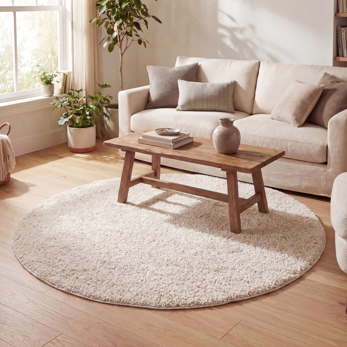 NATURL. Rond hoogpolig vloerkleed - Lofty Creme/Wit - Ø 200cm