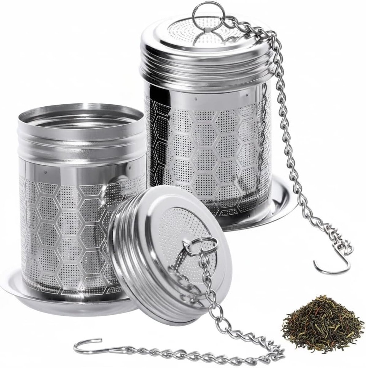RVS theefilter set van 2 met deksel en lekbak voor theepotten, kopjes, koffie en potten