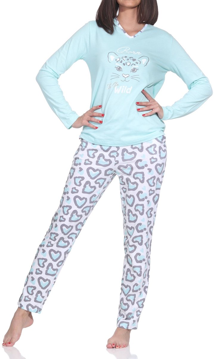 Normann dames pyjama lange mouw pyjama met dierenprintmotief – ook in grote maten türkis