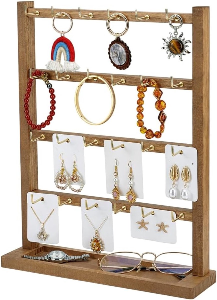 Earring Display Standaard voor Sieradenpresentatie met 24 Heels en 4 Niveaus - Houten Organizer voor Oorbellen, Kettingen en Armbanden