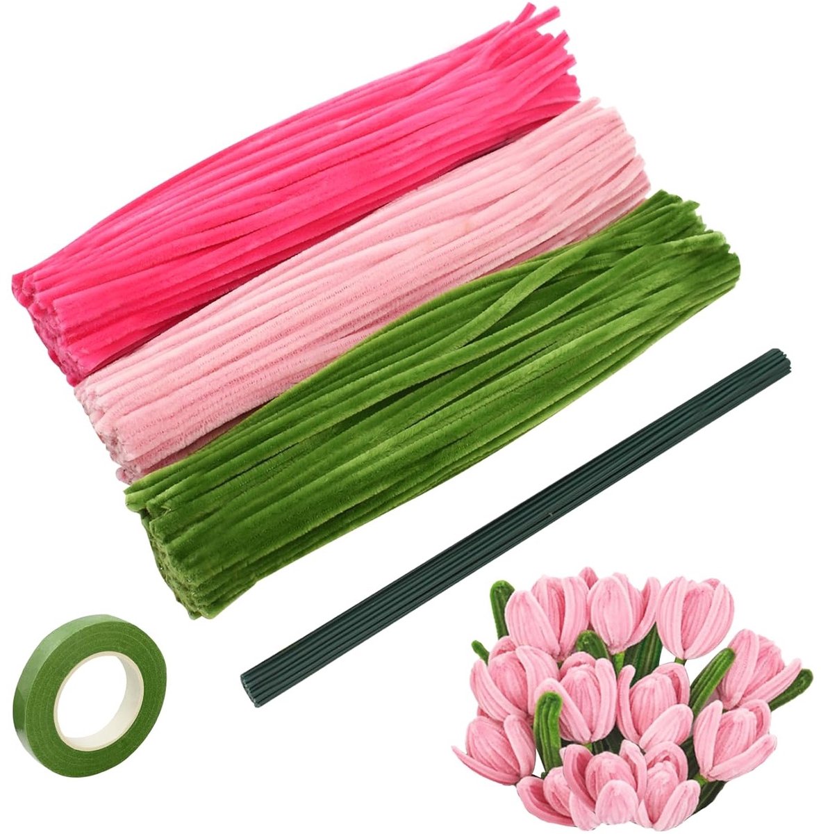 300 Stuks Chenille Pijpenragers Set voor Bloemenschikken - DIY Bloemen, Kerstdecoratie en Creatieve Kunstprojecten met Bloemtape en 30 Stelen
