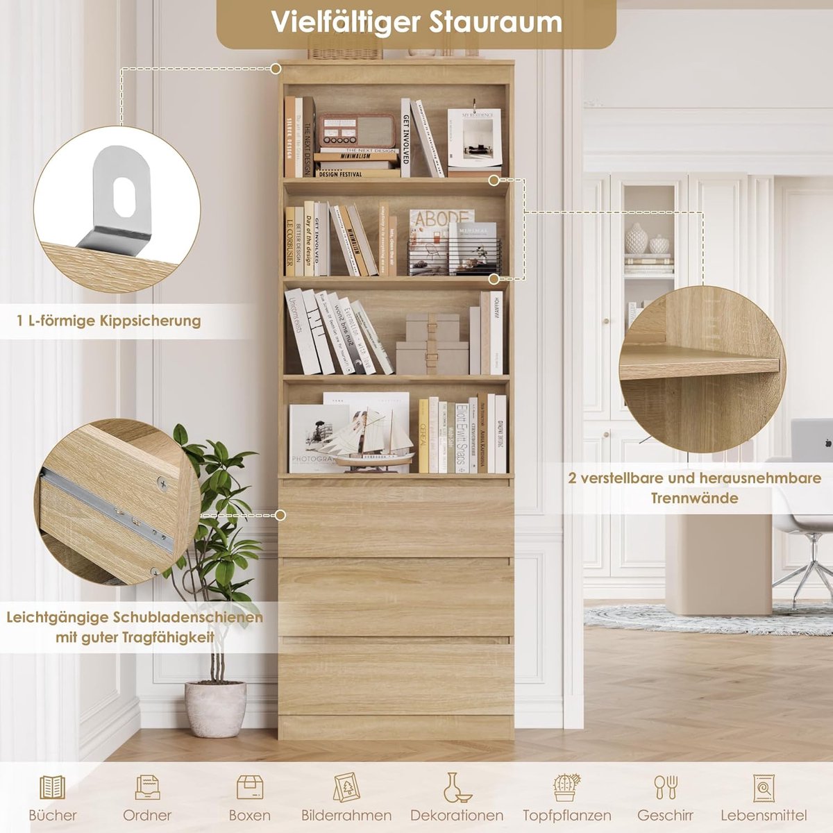 Boekenkast 202 cm Eiken met 3 Lades en 4 Vakken – Hoge Vitrinekast met Verstelbare Planken – Smalle Opbergkast voor Woonkamer, Kantoor & Keuken – ABTKantoor