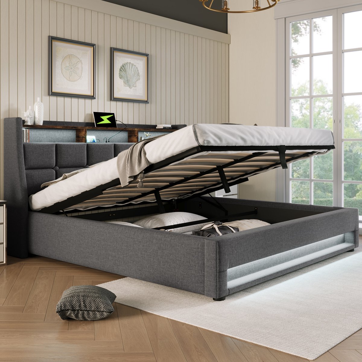 MODFU Gestoffeerd Bed – 180x200 cm – USB, LED & Opbergruimte – Vintage – Linnen – Grijs