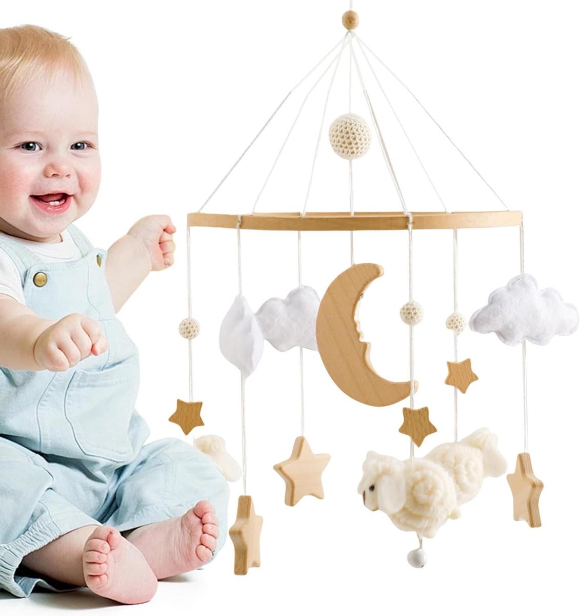 Baby Mobiel Hout - Wieg Mobiel Kinderwagen - Babykamer Decoratie - Antistatisch Hout - 43x22.5 cm - Beige